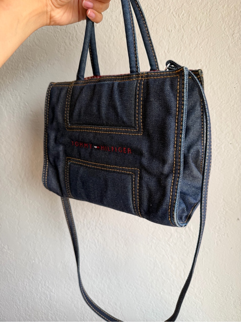 Tommy Hilfiger Navy Denim Shoulder Tote with Red Logo